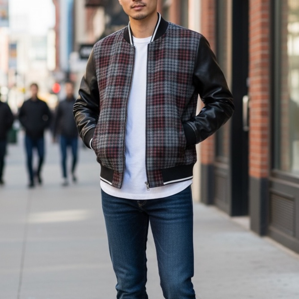 COACH Men’s Wool Leather Varsity Plaid Bomber Full Zip Jacket Size Small